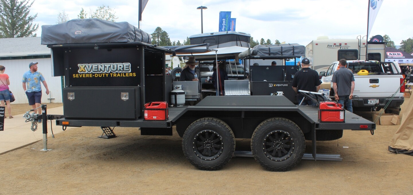 Rugged flatbed camping trailers are gaining a footing in the US. Here Schutt shows the XV-F (flatdeck), which starts at $29,000
