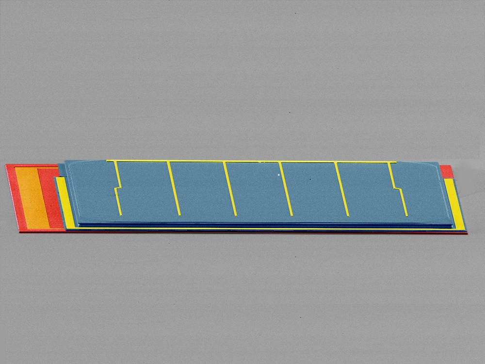 The top cell in the stacked 3-junction/germanium assembly captures wavelengths between 300 nm and 1,300 nm; wavelengths from 1,300 nm to 1,700 nm pass through to the bottom cell