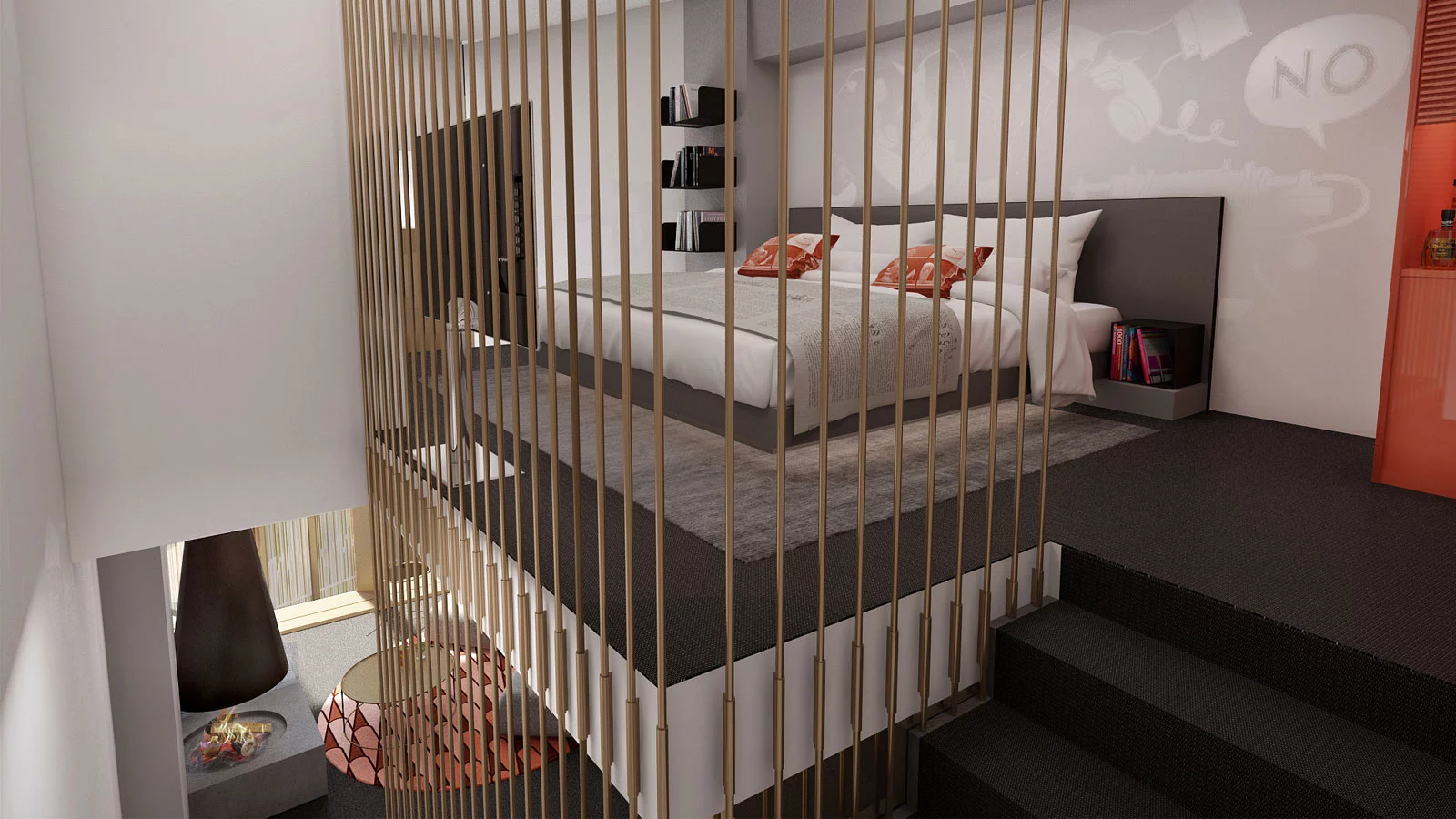 A bedroom across two levels at W Amsterdam