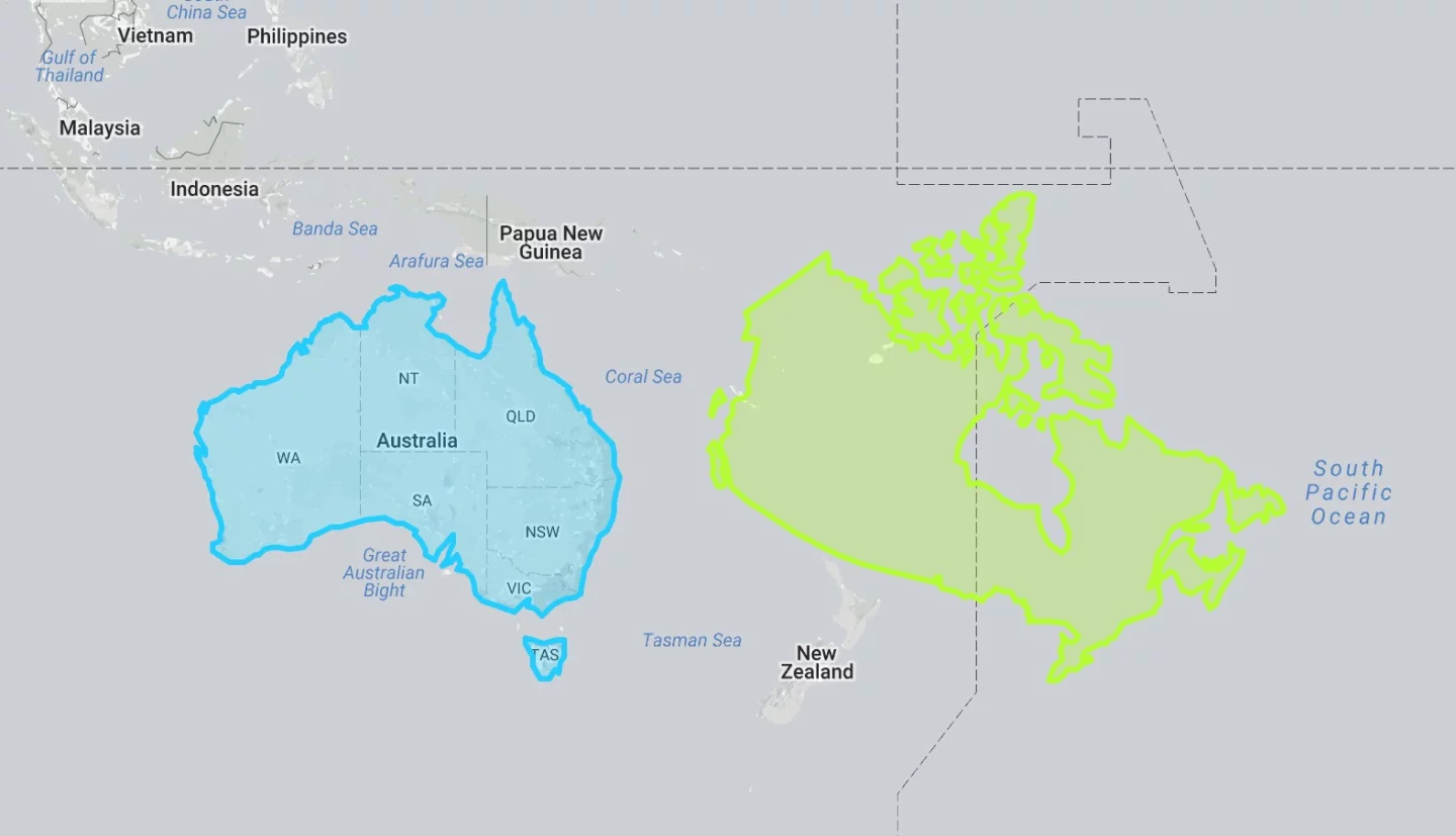 Canada may look enormous on a traditional map, but here's its true size next to Australia
