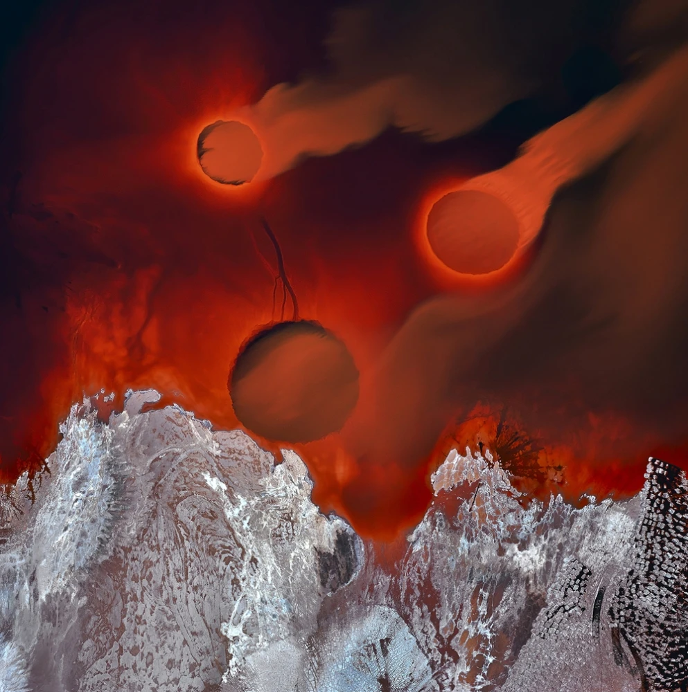 1st Place, Professional, Abstract. An aerial photograph of tailing ponds. The image is titled Trump