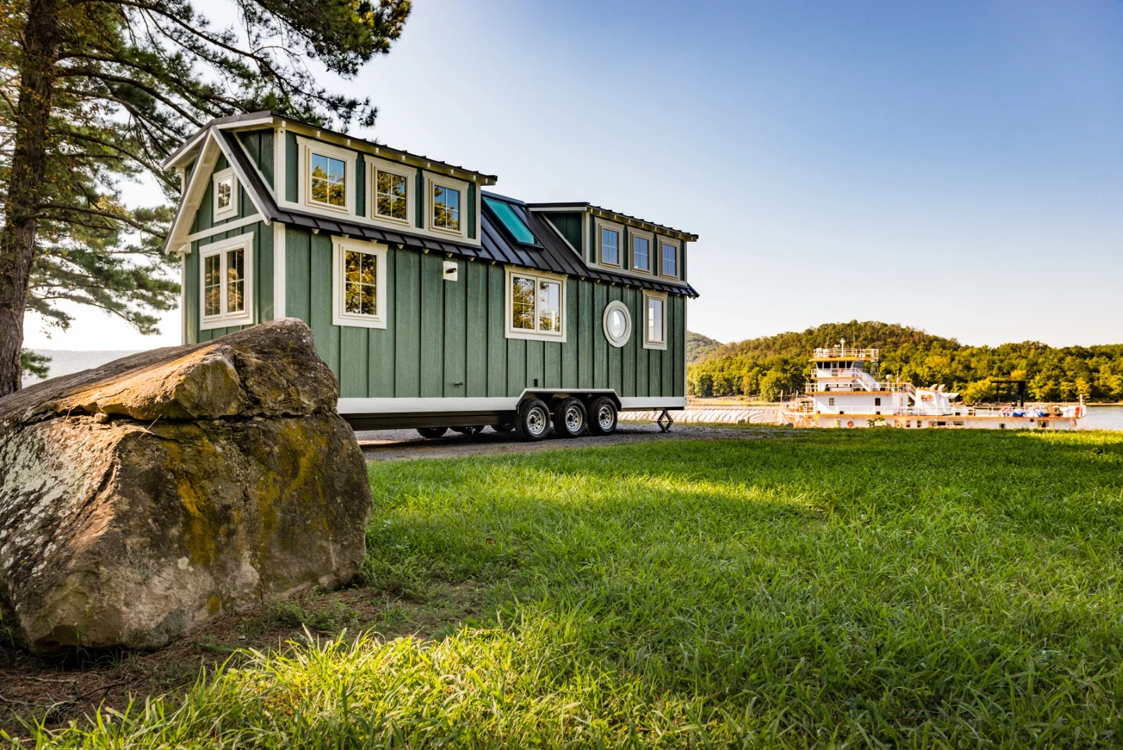 The Ridgewood is clad in green LP SmartSide siding