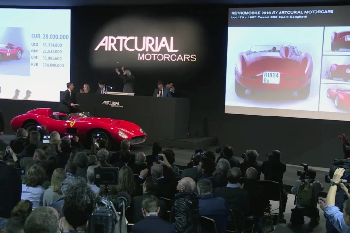 The star of the Retromobile auctions was undoubtedly this 1957 Ferrari 335 S Spider Scaglietti, which was estimated to sell for between €28 million and €32 million (US$30.5 million to $34.8 million) and sold for $35.7 million