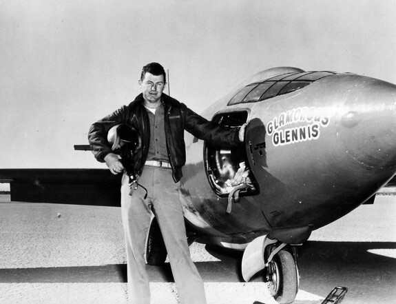 Retired US Air Force Major General Chuck Yeager together with "Glamorous Glennis," the Bell X-1 in which he became the first man to break the sound barrier on this day 65 years ago (Photo: NACA)