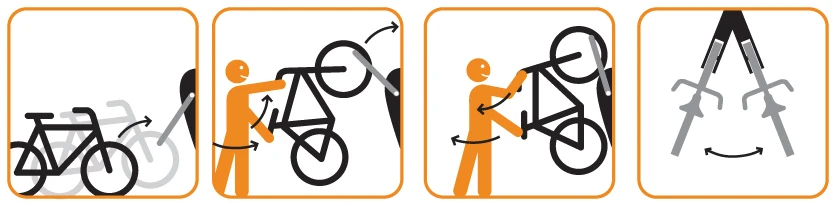 The user lifts the front wheel slightly to place it on the Wheelylift hook while a click indicates the lifting mechanism is working