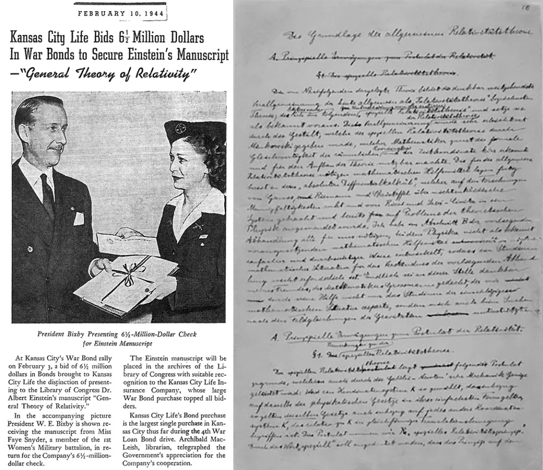 Einstein famously threw out the original hand-written manuscript of his Theory of Relativity when the paper was published in 1905, but made another hand-written copy in 1943 to raise money for the war effort. The paper was purchased at a 1944 auction held by the Kansas City Womens Club by the Kansas City Life Insurance Company for $6.5 million, which donated the manuscript to the U.S Library of Congress, where it still resides. Despite the date of the auction, only the Leonardo da Vinci codex (purchased by Bill Gates for $30,802,500 in 1994) and John James Audubon's "Birds of America" ($11,570,496 - £7,321,250 at a Sotheby's auction in December, 2010) are the only scientific documents to have ever sold for more money at auction.