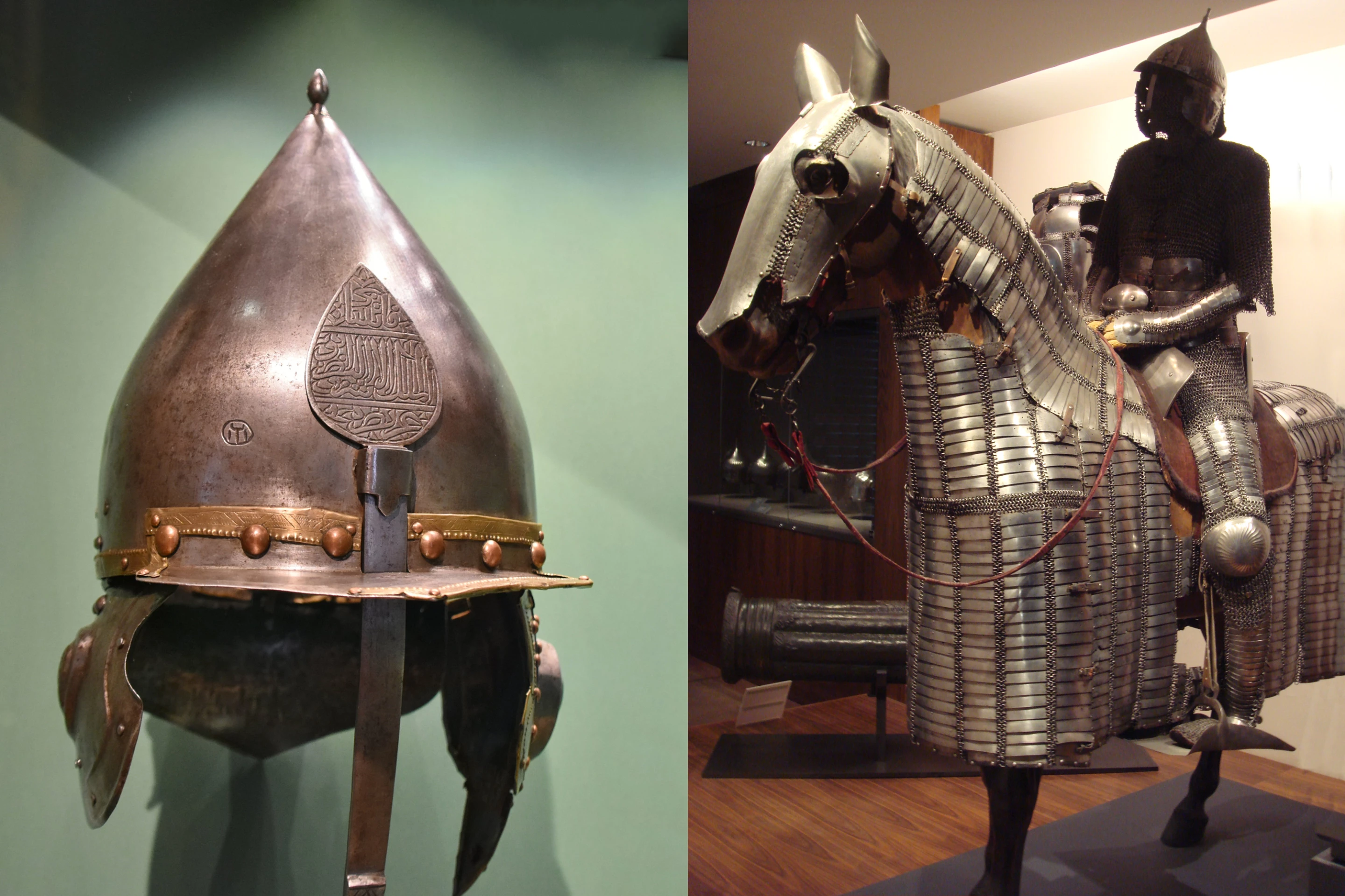 Thanks to Sultan Qaitbay's long and wise reign of Mamluk Egypt (1468–1496 CE), his helmet has also been preserved and is part of the Collection of the State Heritage Museum, St. Petersburg. At Right is Mamluk horse armour from the relevant period - it is most likely that the leader of a warrior caste going into battle would be heavily protected, and as the Sultan of an Empire, he was probably afforded some seriously capable close protection in addition to the armour.
