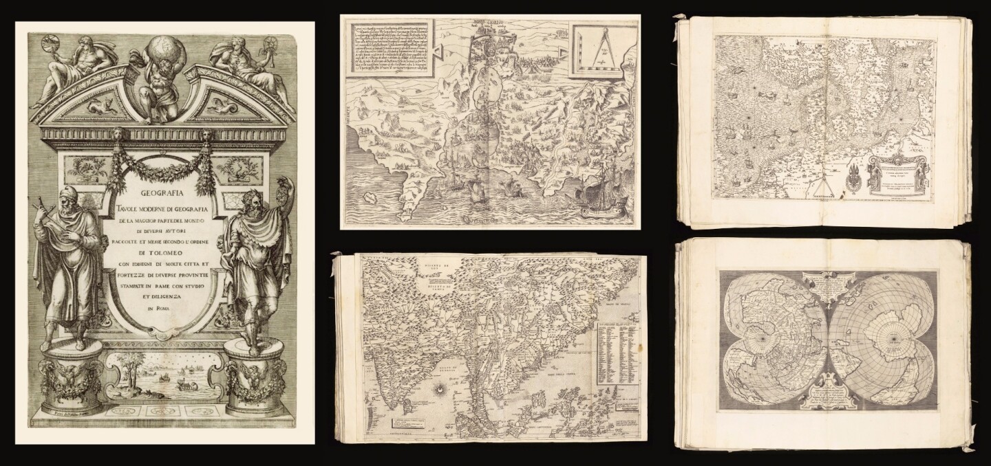 The best known name in the map business 500 years ago was Antonio Lefreri (1512-1577), a Frenchman from Burgundy who settled in Rome in 1540. Accurate maps were rare prior to 1500, but in this period Italian publishers began the practice of copying the individual maps of others and assembling them into collections specifically for the needs of individual customers, then binding of the whole together in book form. These subsequently books became known as Italian-Assembled-To-Order (IATO) atlases and each was a "one-off." Venetian and Roman dealers borrowed from each other, sometimes using a map without alteration, at other times procuring the copperplate and erasing the original imprint and substituting their own, resulting in a mixture of Venetian and Roman imprints. Lefreri was an engraver, printseller, publisher and map trader and with those compatible skill-sets, became the first person to publish atlases in a uniform format. Lafreri was primarily a dealer and publisher, rather than an artisan in his own right. He carried in stock the prints made not only by his own establishment, but by others, and his own name appears comparatively seldom in the atlases attributed to him. The title page of this document, with the added signature of Pietro de Nobili as publisher, is of special importance since few of the Lafreri-school atlases were issued with title-pages, and no other copy carries this second and final state of the title, with Nobili's name. This confirms the descent of the Lafreri business through Duchetti (D.1585) to Pietro di Nobili. The figure of the Titan Atlas supporting the world is first used on this title-page, and was later widely imitated, eventually leading to the name of the genre. That's quite some provenance, and hence the value.