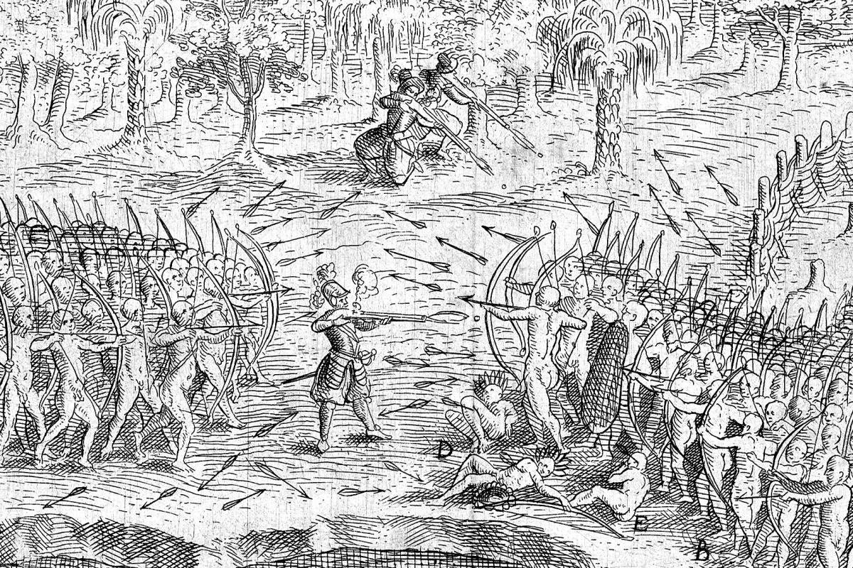 The only known portrait of Samuel de Champlain, shows him firing an Arquebus during a battle with the Iriquois on 30 June 1609 on the banks of what would later become Lake Champlain. Champlain and two French soldiers were with a war party of around 60 Montganais, Algonkaian, and Hurons when they faced around 200 Mohawks. This was the first time the firepower of the new French firearms was used in a native conflict and three skilled Arquebusiers quickly demoralised the Mohawks who fled the field. The Arquebus used a matchlock firing mechanism for simpler, quicker reloading and firing - it was the first firearm with a trigger. This translation of de Champlain's work has all the details.