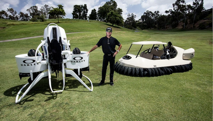 The Golf Cart Jetpack joins the Golf Cart Hovercraft, which Bubba Watson and Oakley designed in 2013