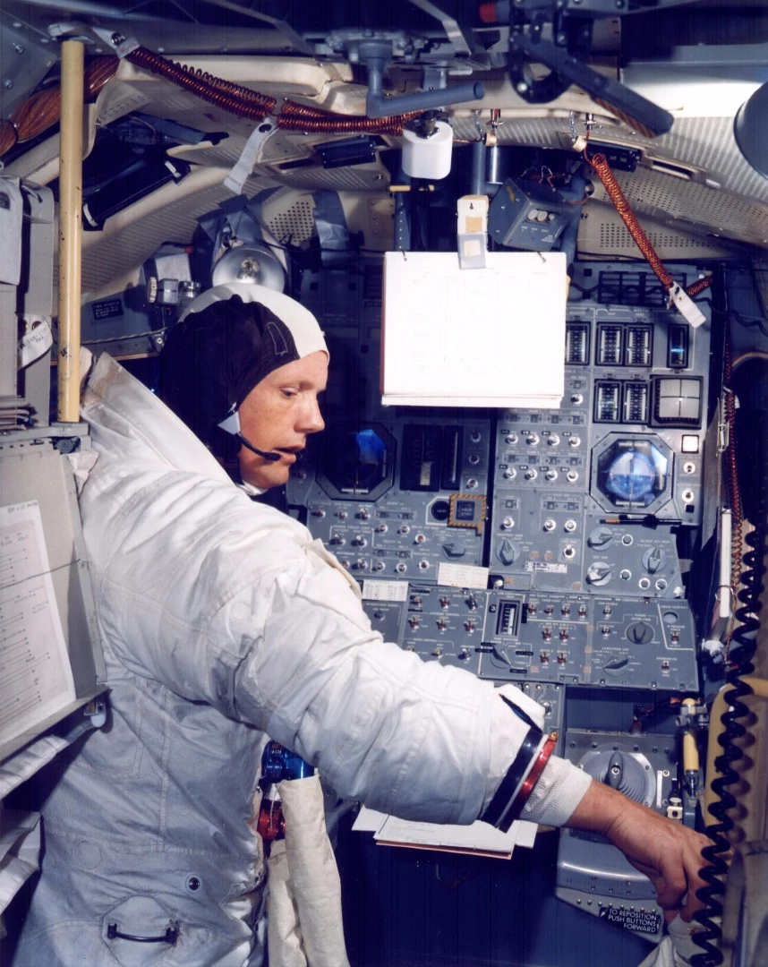 Neil Armstrong in the Apollo Landing Module simulator. All the astronauts practised countless hours getting it right in the simulator for good reason.
