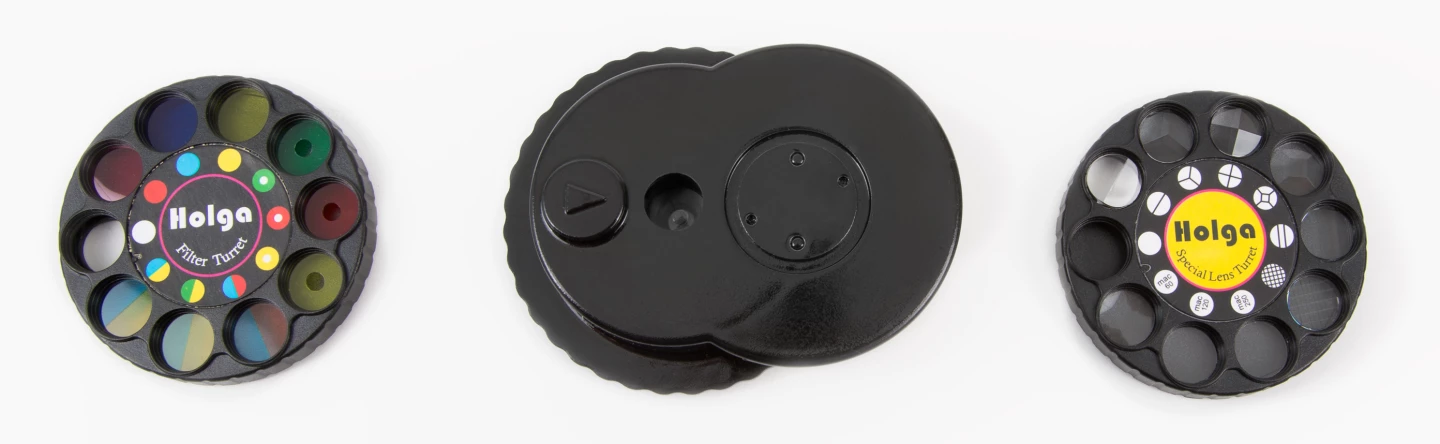 One wheel is packed with color filters while the other has macro lenses and prisms to achieve images similar to a Holga multiple way split image filter