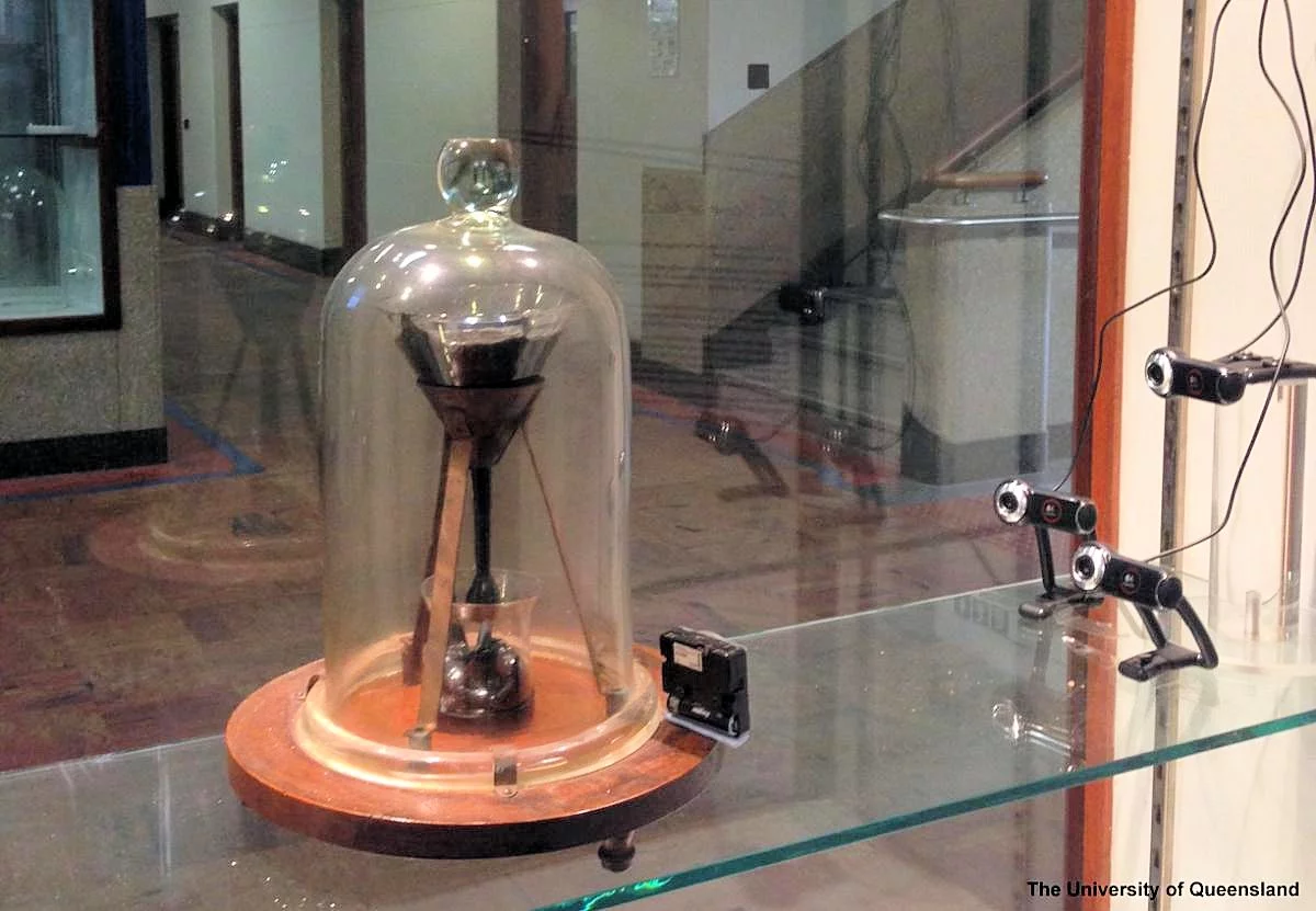The steely gaze of three webcams will help insure that the ninth drop of pitch from the University of Queensland pitch drop experiment will not go unnoticed (Photo: University of Queensland)
