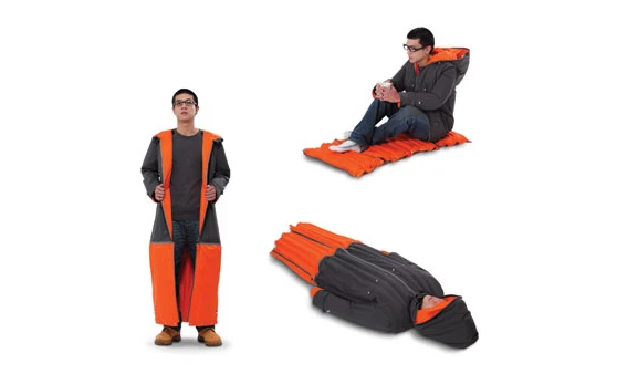 The Inflatable Sleeping Coat will keep you dry and warm during the day and provide you with a sleeping bag and mattress at night