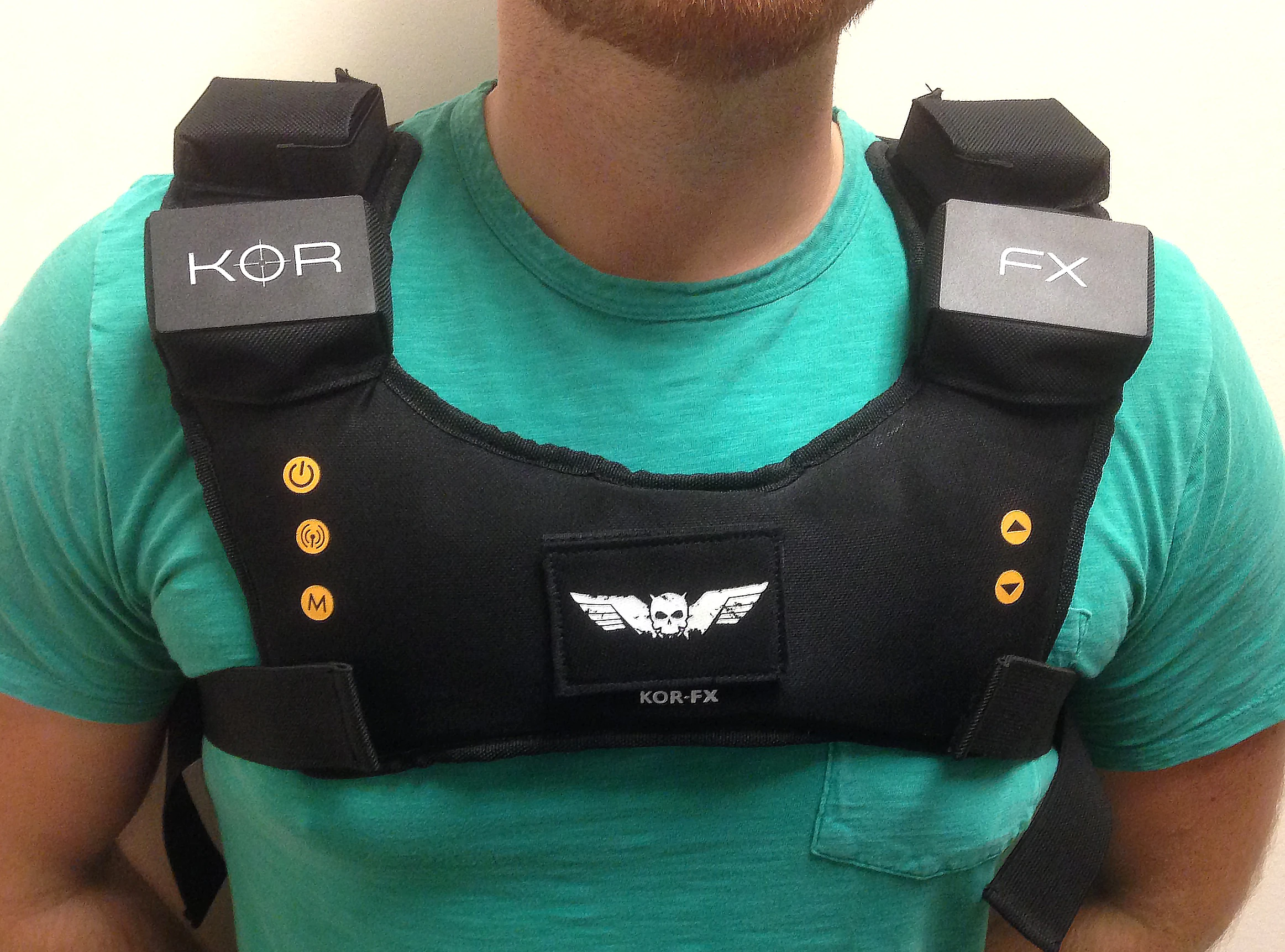 The KOR-FX sits flush against your chest and shoulders.