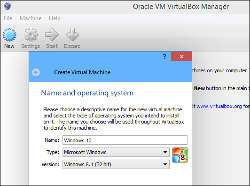Create a new virtual machine for Windows 10