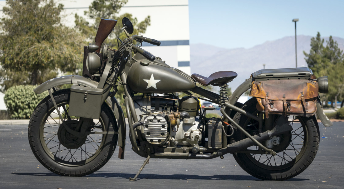 A rare beastie indeed, this was the bike which the American military requested from Harley-Davidson in WW2 after it became obvious that the parallel-twin BMW motorcycles of the German army were far superior to the Harley-Davidson WLA v-twin. A thousand were made, far fewer survive, and this well restored example fetched good money. Auction Description