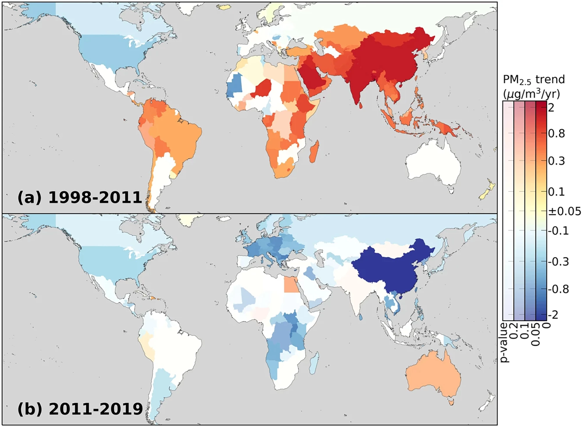 Maps showing trends in global, population-weighted PM2.5 over (a) 1998-2011 and (b) 2011-2019