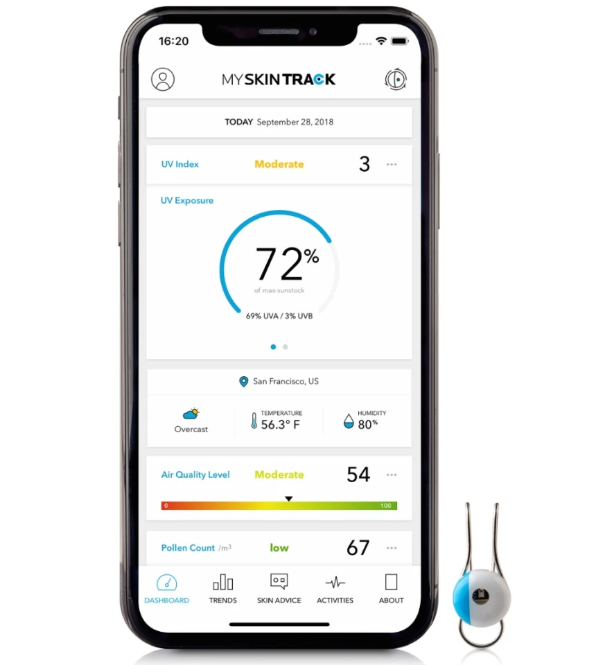 The My Skin Track UV app displays not only UV exposure over a given time period, but also information such as the local UV index, air quality index, pollen levels and humidity