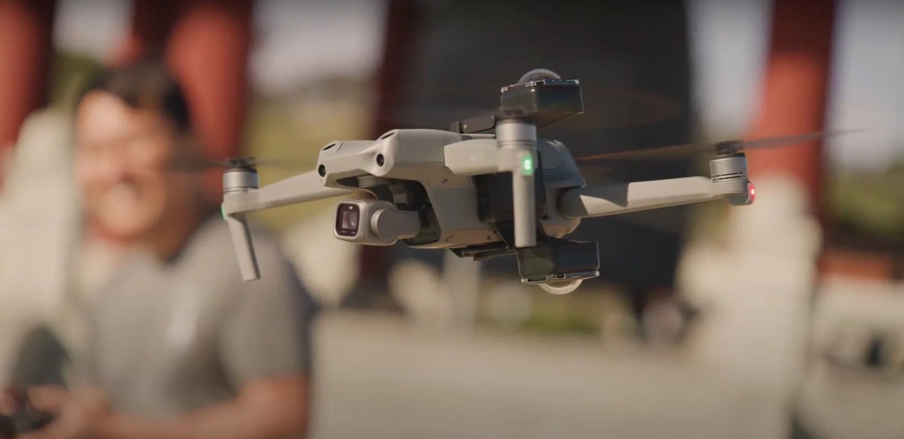 The Sphere camera harness is securely strapped to a DJI Mavic Air 2 or 2S to capture 360-degree photos or videos while effectively removing the drone from recorded images