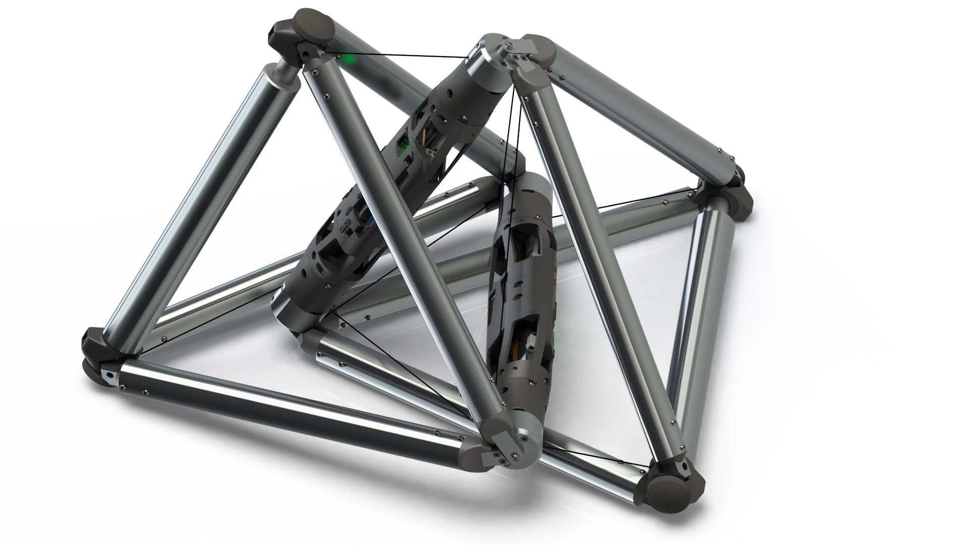 A rendering of the DucTT robot, which is made up of two cable-connected tetrahedrons