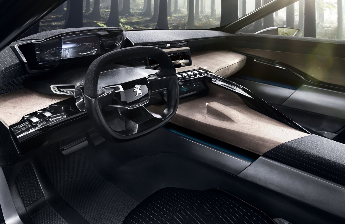 The Peugeot EXALT interior uses "newspaper wood" for effect