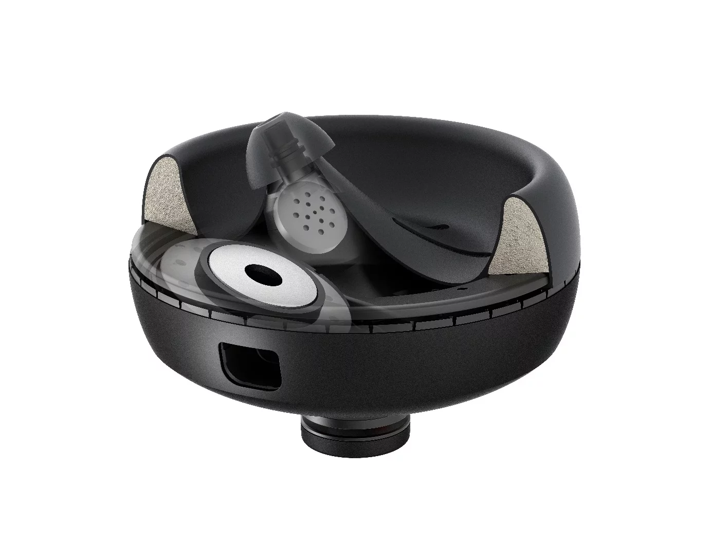 The dual-driver design of the nura headphones splits the incoming signal, sending the lower end to the over ear tactile driver that "delivers the sound through your skin" and routing the mid to high frequencies through the in-ear speaker