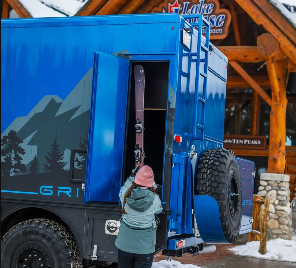 The Grid's tall driver-side cabinet is sized to house skis, fishing poles and other long gear