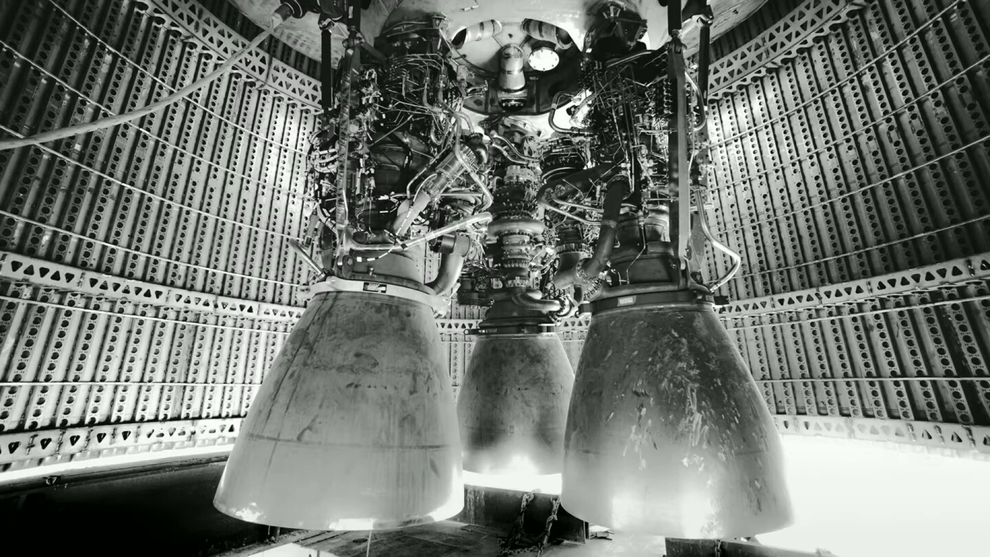 Image of the three Raptor engines currently installed on the Mk 1 Starship