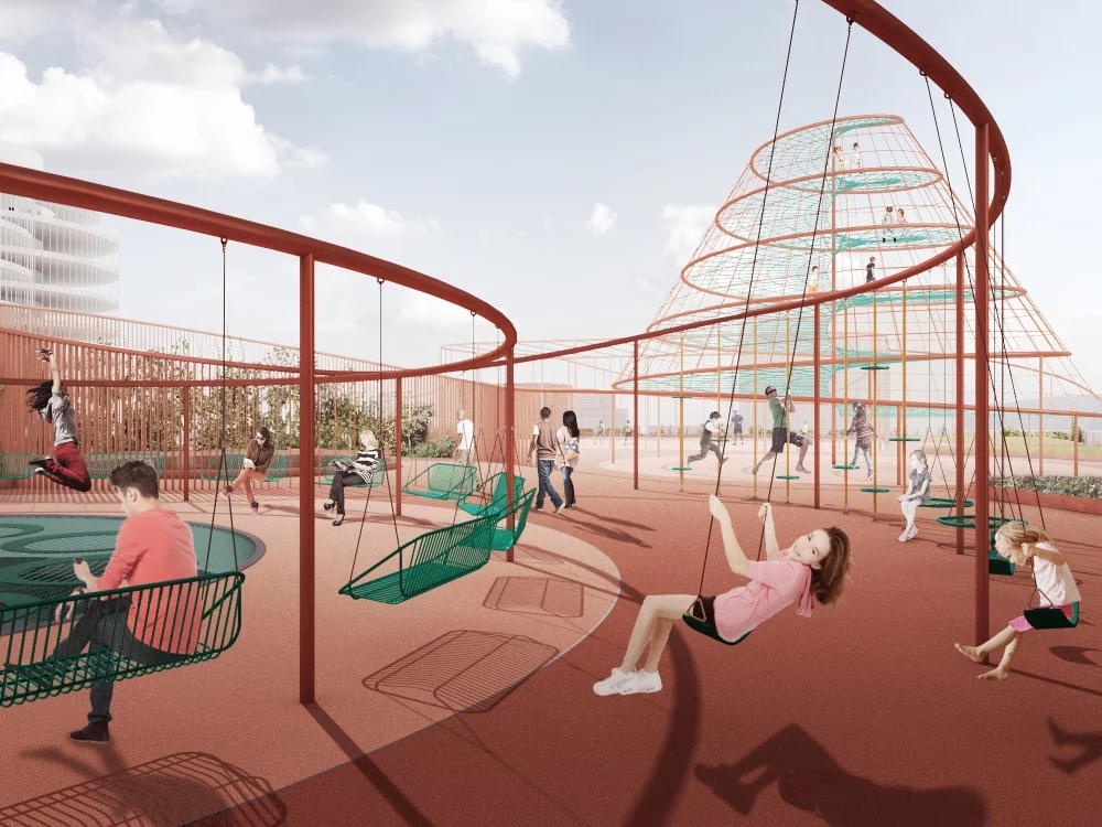 The roof-based playground features some quite involved looking play structures (Image: JAJA Architects)