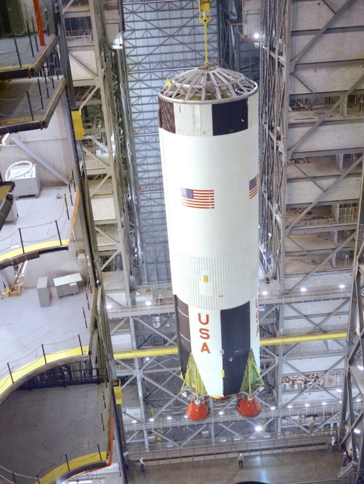 Apollo 8's Saturn V first stage going to assembly