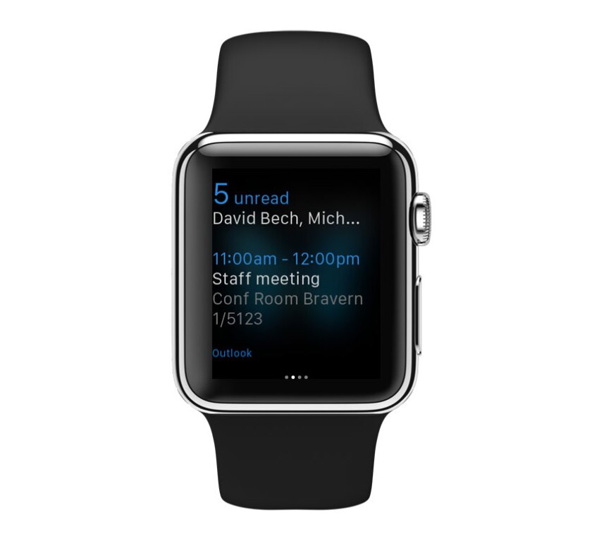 The Outlook WatchKit extension supports the device's Glances (quick-look widgets)