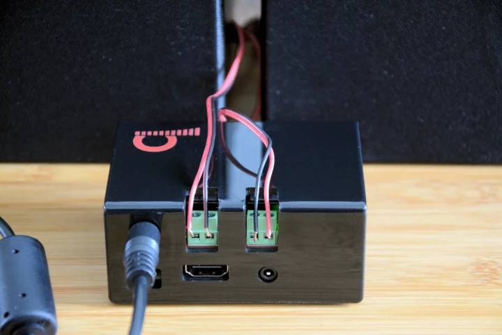 High quality music streamed through a JustBoom Amp HAT and Raspberry Pi combination and output through a pair of bookshelf speakers