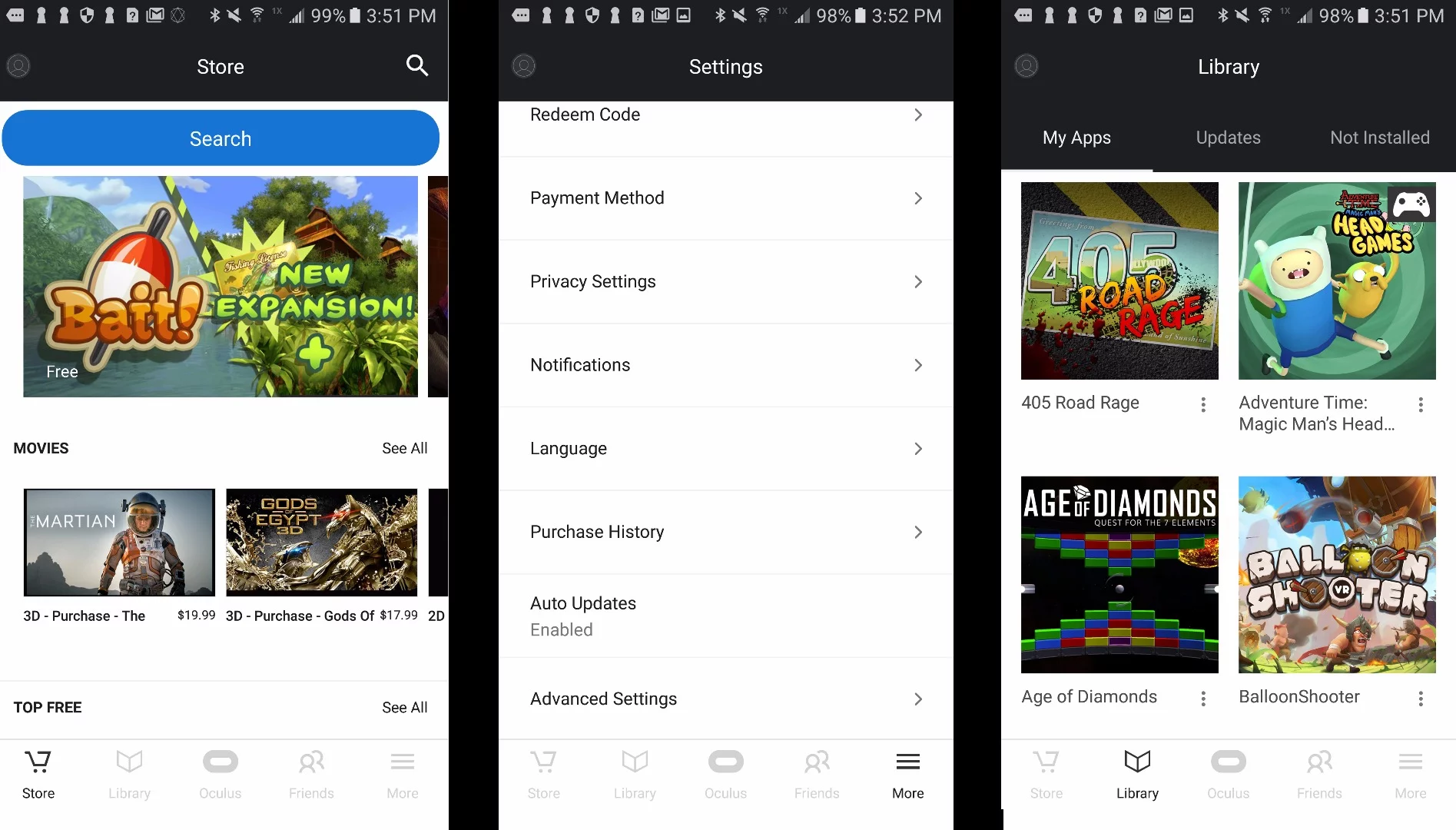Screenshots from the Oculus mobile app for Gear VR