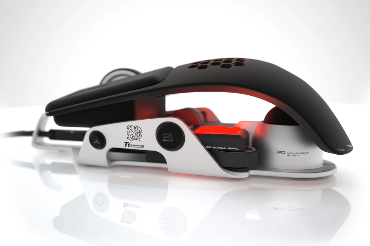 Side view of the Level 10 M Mouse showing the height- and angle-adjustable upper segment and solid aluminum base
