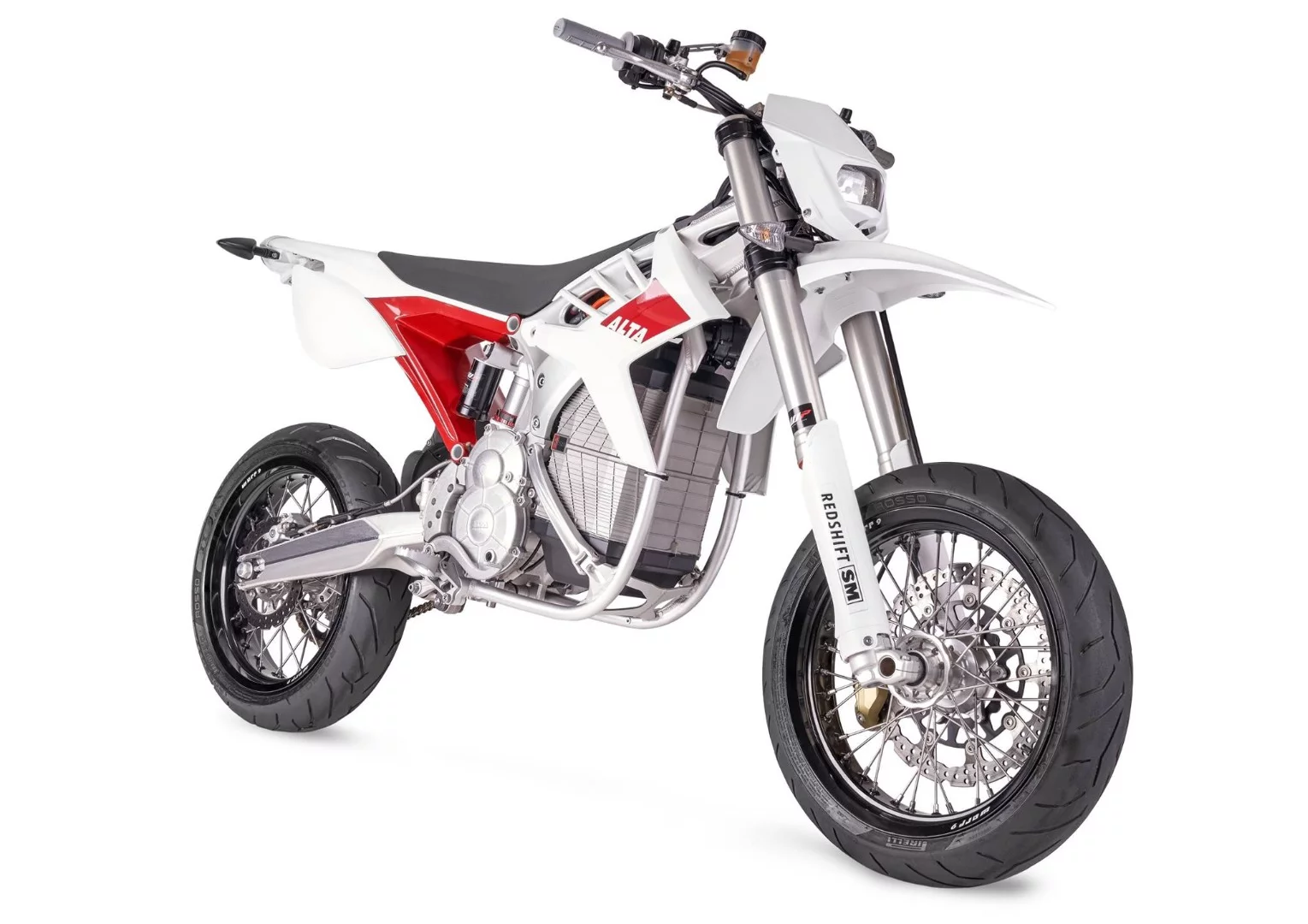 The Alta Motors Redshift SM is the road-going version of the MX, with 17-inch wheels, road tires, and legal necessities like lights, indicators and such