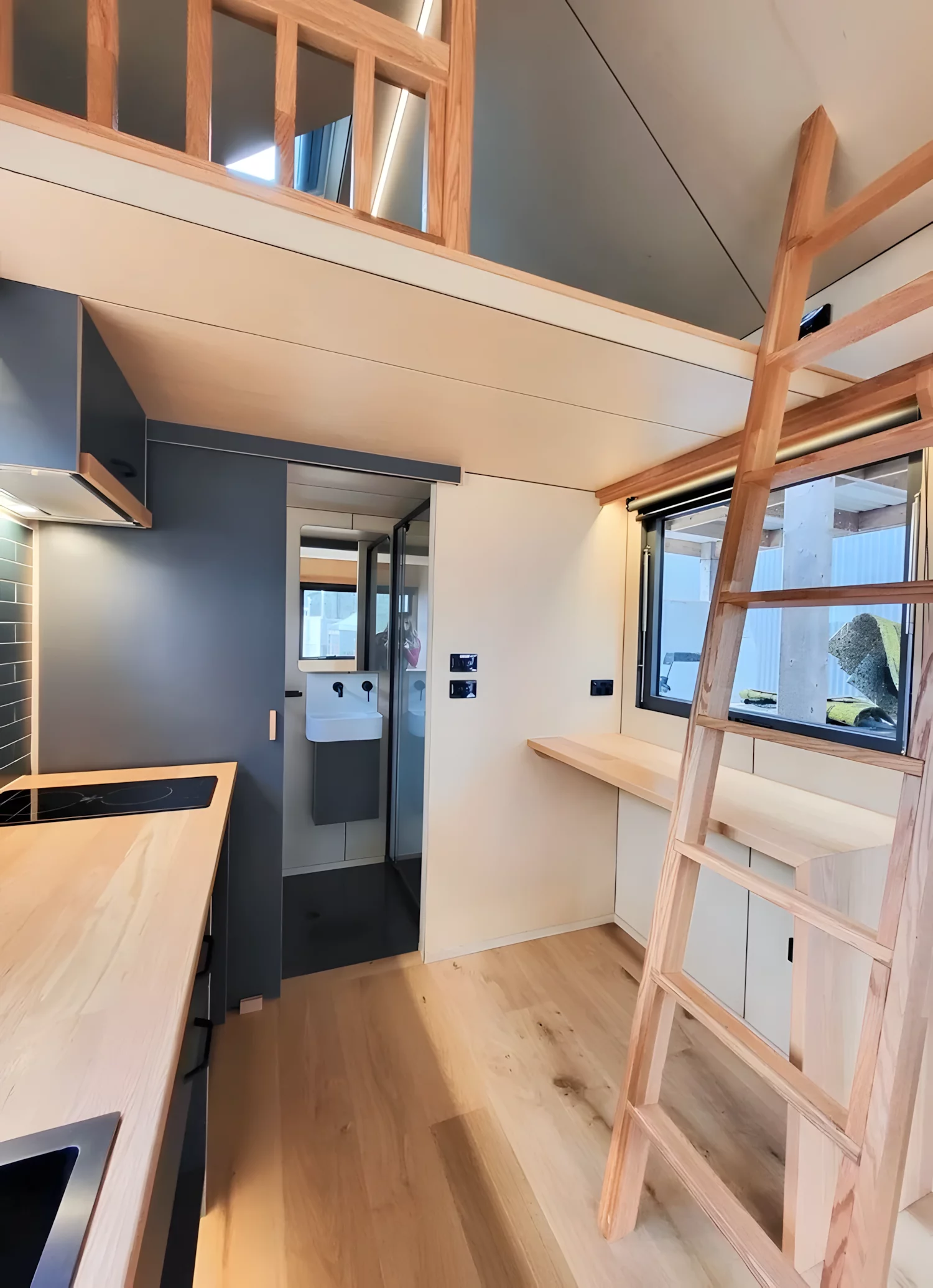 The Gunyah Modern's kitchen includes a breakfast bar for two