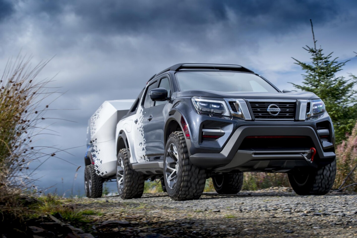 Both the Navara and trailer wear off-road tires, helping them navigate rough ground to get to distant dark sky places