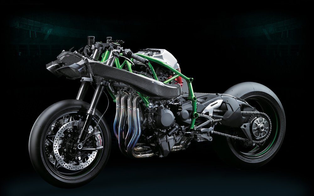 Kawasaki Ninja H2R: bodywork and subframe removed to show carbon air tubes feeding the centrifugal supercharger