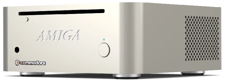 With an anodized aluminum case, rounded corners and front-loading slot drive, the Amiga mini is strongly reminiscent of the pre-2010 Mac Mini (Image: Commodore USA)