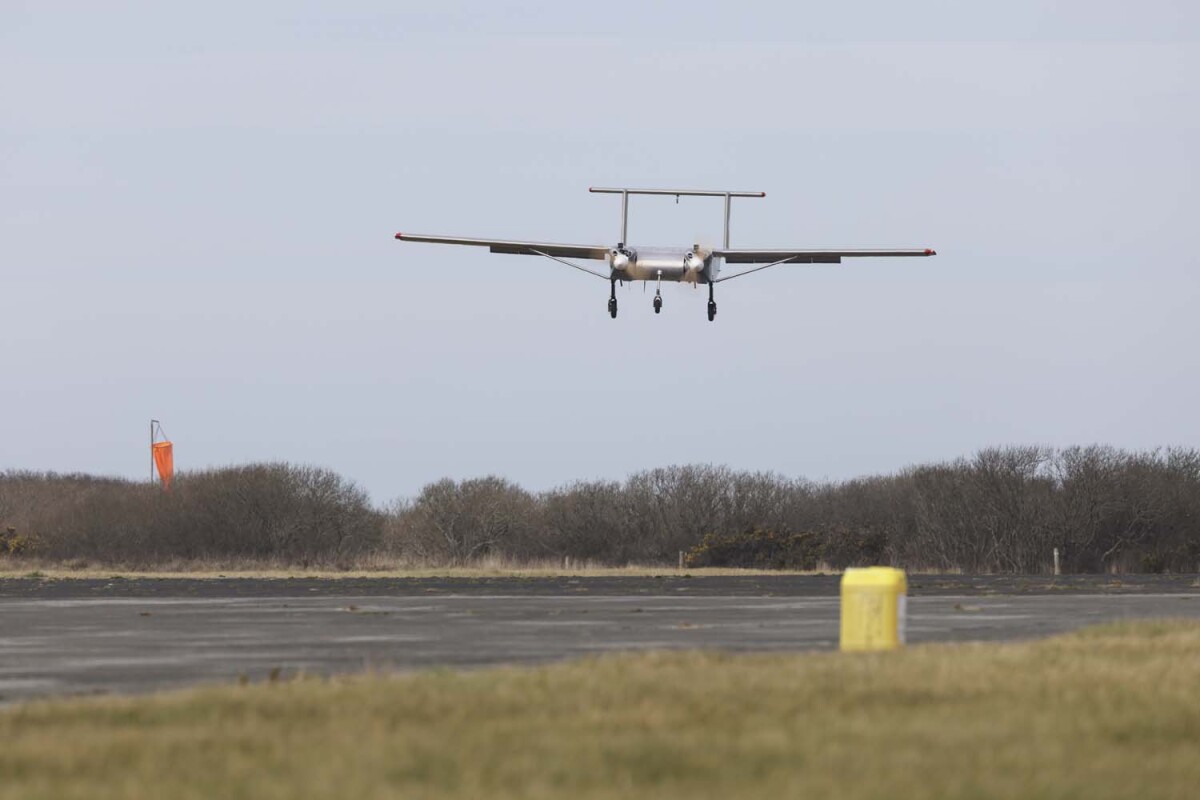 A UAV prepares to land at Predannack Airfied during a series of test flights