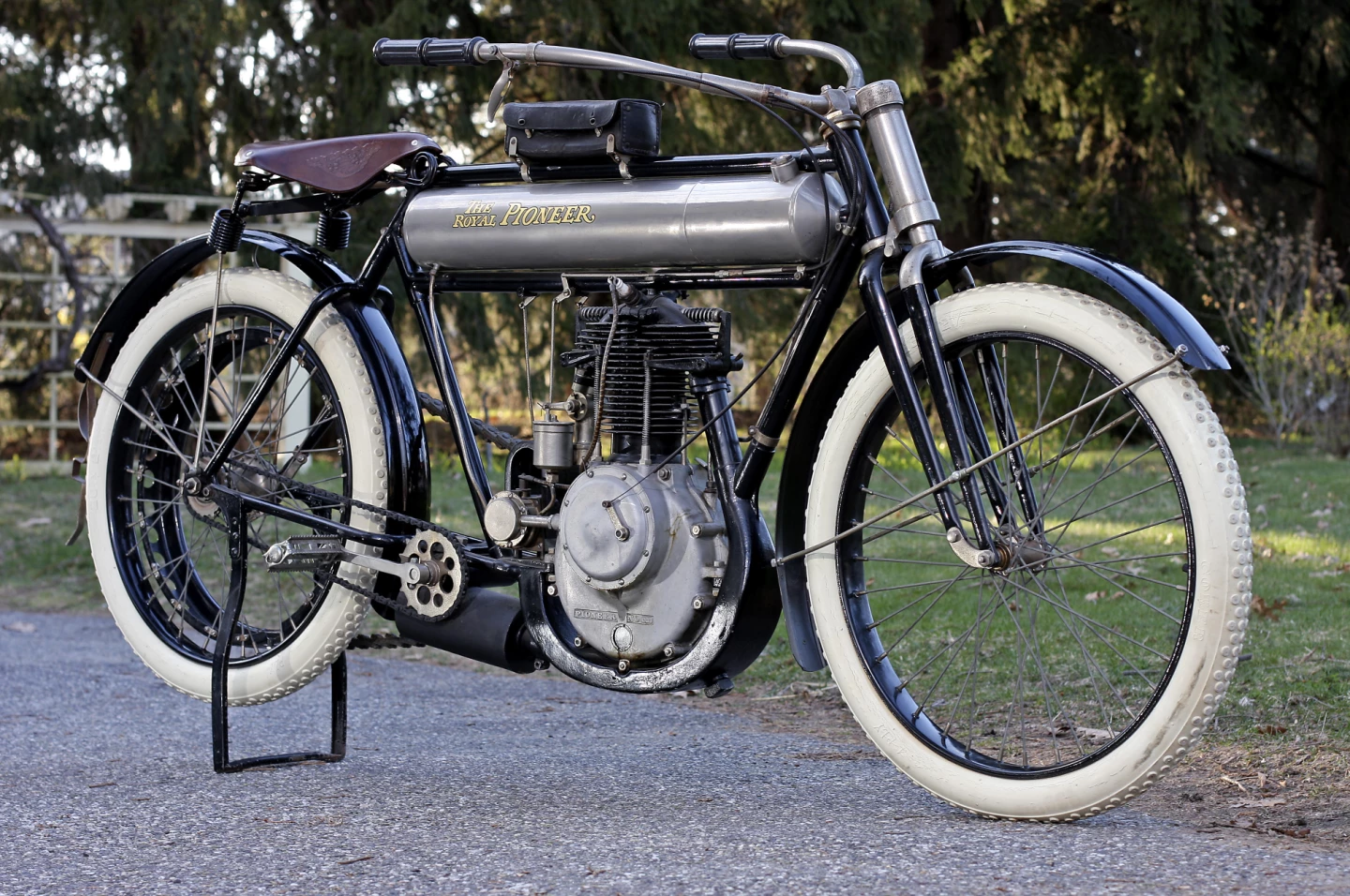 One of the finest motorcycles ever produced in the United States, the Royal Motor Works was founded in 1901 in New York City, creating motorcycles with DeDion Bouton style engines of their own manufacture. The company existed for nearly a decade, relocating in 1907 to Worcester, Massachusetts, where in 1909 it announced a new motorcycle completely sourced and manufactured in Worchester. Royal Pioneers were built to a higher standard for sophisticated buyers and not down to a price. Unfortunately, a fire ravaged the Royal Pioneer factory in December, 1909 and the company never re-established production. Fewer than 500 motorcycles were manufactured in Worchester and only four are known to still exist. One of four, this 500cc 1910 Royal Pioneer sold for $92,000 in May, 2010.