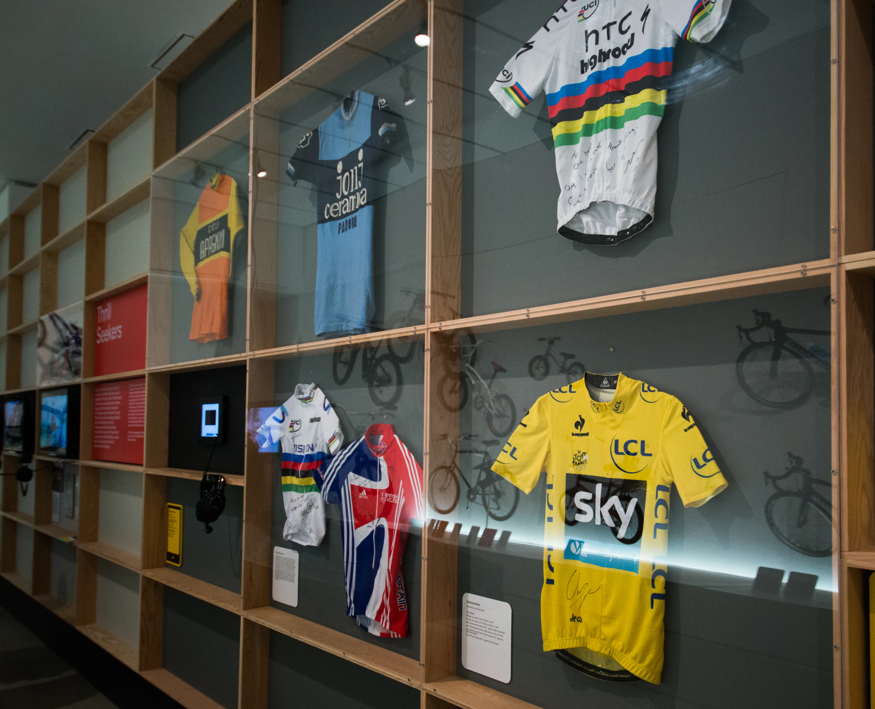Some of the jerseys on show at Cycle Revolution at the Design Museum