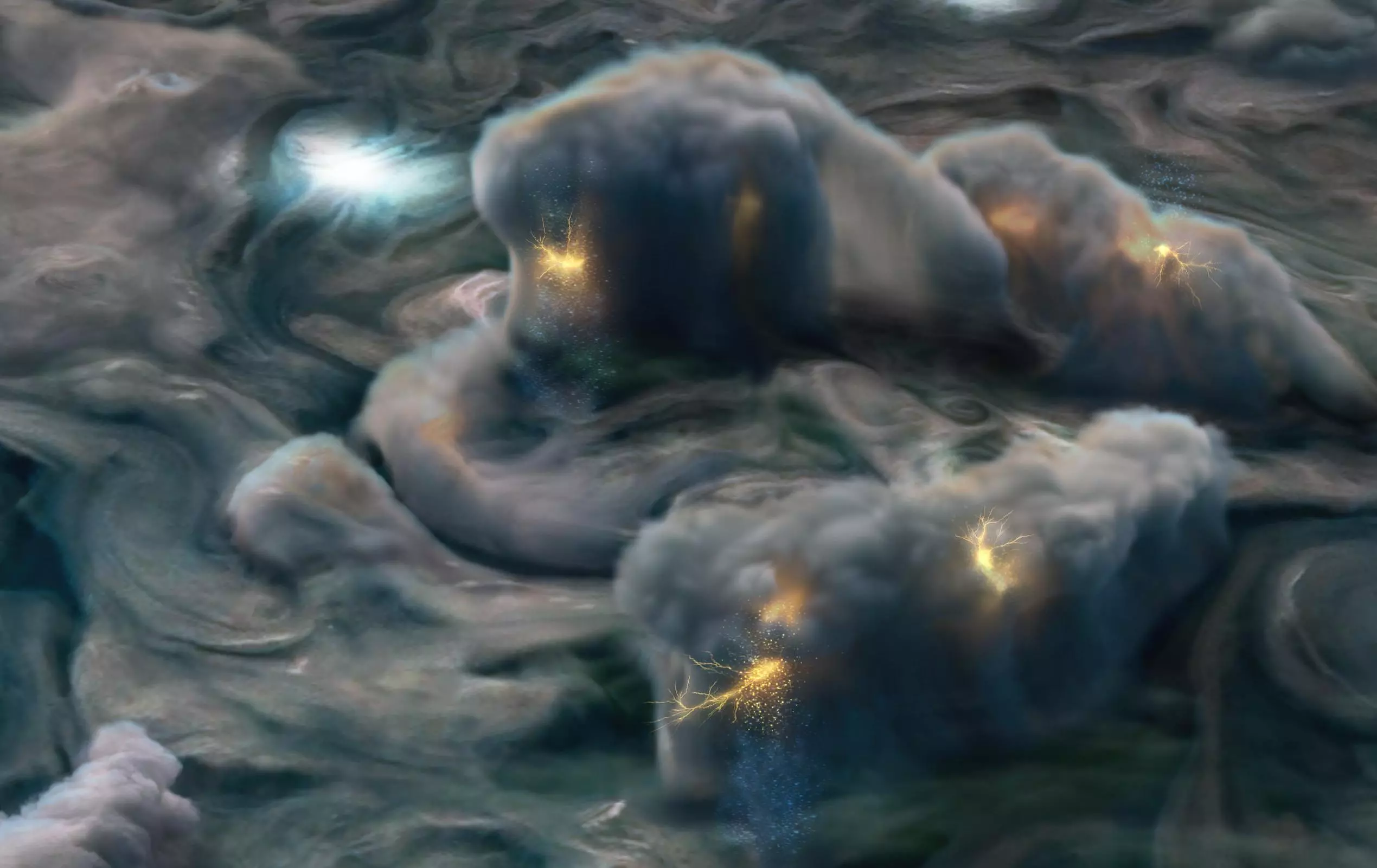 An artist's illustration of shallow lightning in Jupiter's atmosphere