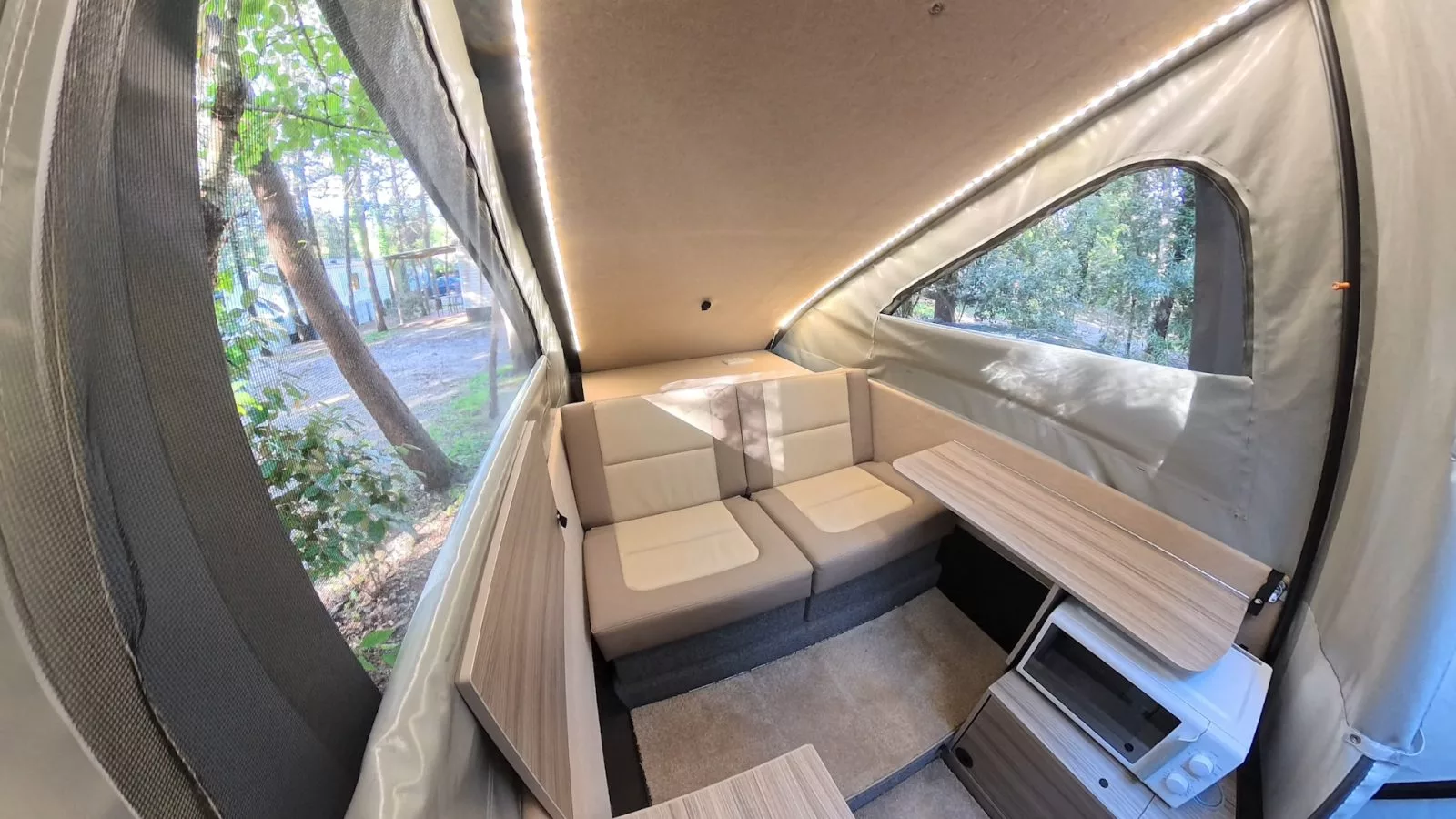 Inside, the two-person Dashaway ECT 2 is based around a dual-seat lounge that converts to a double bed