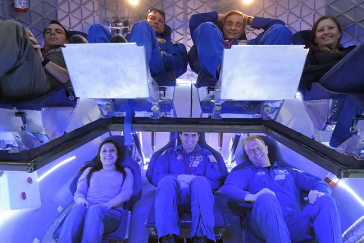 The trial crew (from left): NASA Crew Survival Engineering Team Lead Dustin Gohmert, NASA Astronaut Tony Antonelli, NASA Astronaut Lee Archambault, SpaceX Mission Operations Engineer Laura Crabtree, SpaceX Thermal Engineer Brenda Hernandez, NASA Astronaut Rex Walheim, and NASA Astronaut Tim Kopra