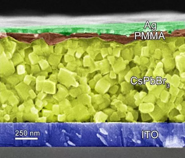 A microscope image of the different layers of the new memory device - indium tin oxide (ITO) base,