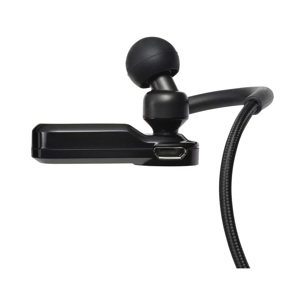 The right earpiece housing sports a micro USB port for charging the integrated Li-Pol battery