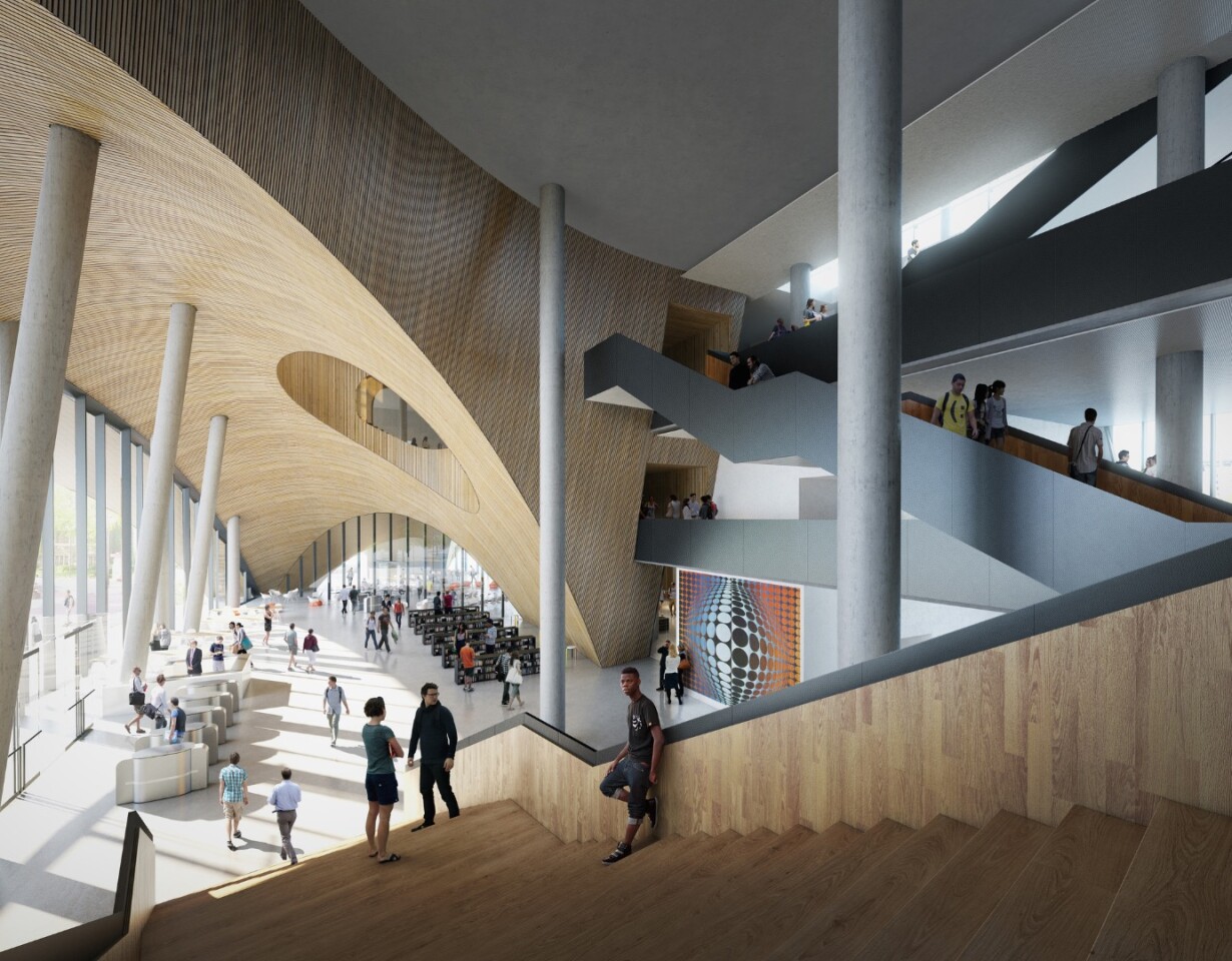 Visitors to the library will be greeted with a large three-story domed atrium lobby, cafe, and an area open 24/7