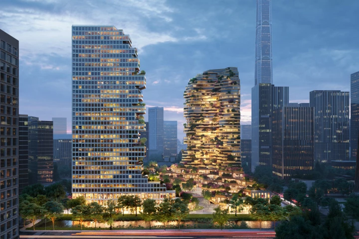 Both of the skyscrapers that make up the Oasis Towers project will rise to a maximum height of 150 m (492 ft)